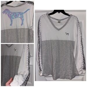 PINK Victoria's Secret Gray and White Sequin Long Sleeve Tee